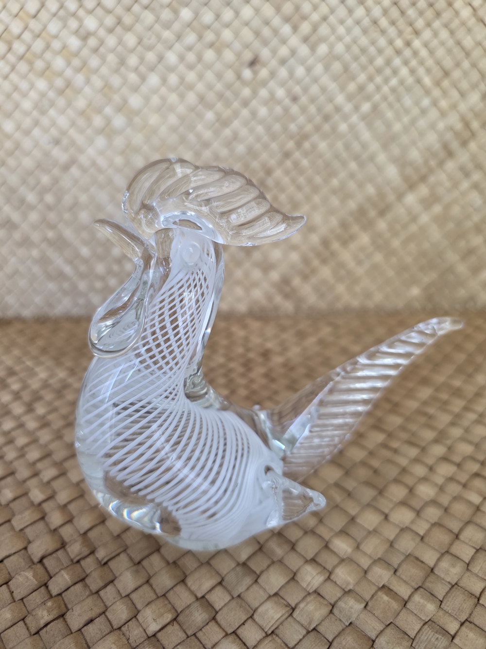 Clear White Swirl Glass Bird Sculpture - Decorative Glass Art